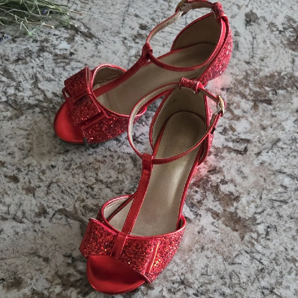 SOBOYO Red Glitter Girl's Fun Strappy Holiday Sandals With A Low Heal Bow In Red